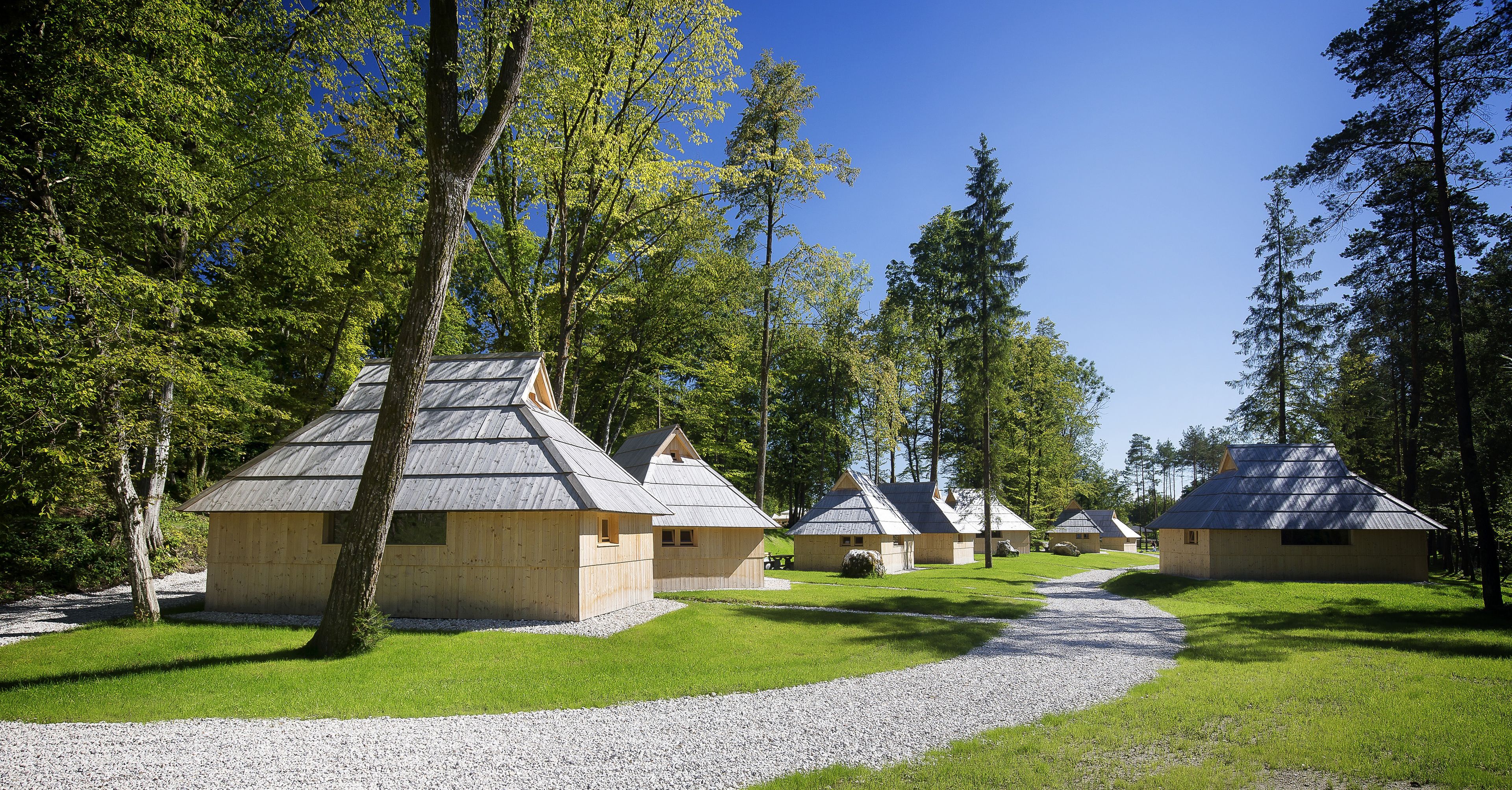 A row of wooden cabins with sloped roofs, surrounded by trees and a gravel path.