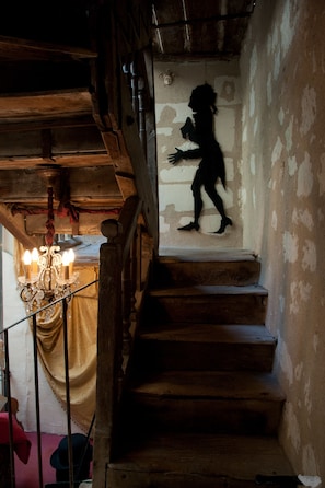 A staircase with a chandelier and a wall with a child's silhouette. - La Demeure Saint-Ours (Loches)