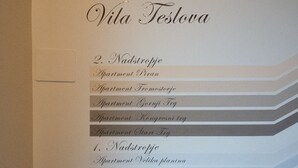 Una pared con una lista de nombres y tipos de apartamentos, como "Apartment Planina" y "Apartment Brod".