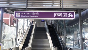 Una escalera mecánica en una estación de tren, con un letrero que indica el Puente Phra Nangs Klao y el número de estación PP08.