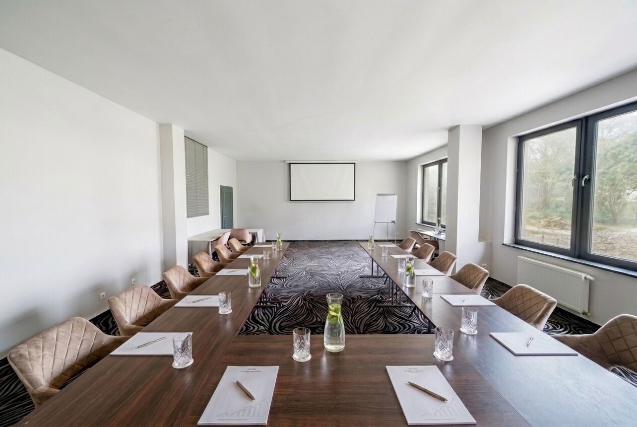 A conference room with a long table, chairs, a patterned carpet, and large windows.
