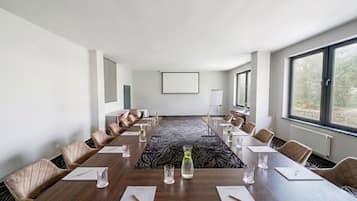 A conference room with a long table, chairs, a patterned carpet, and large windows.