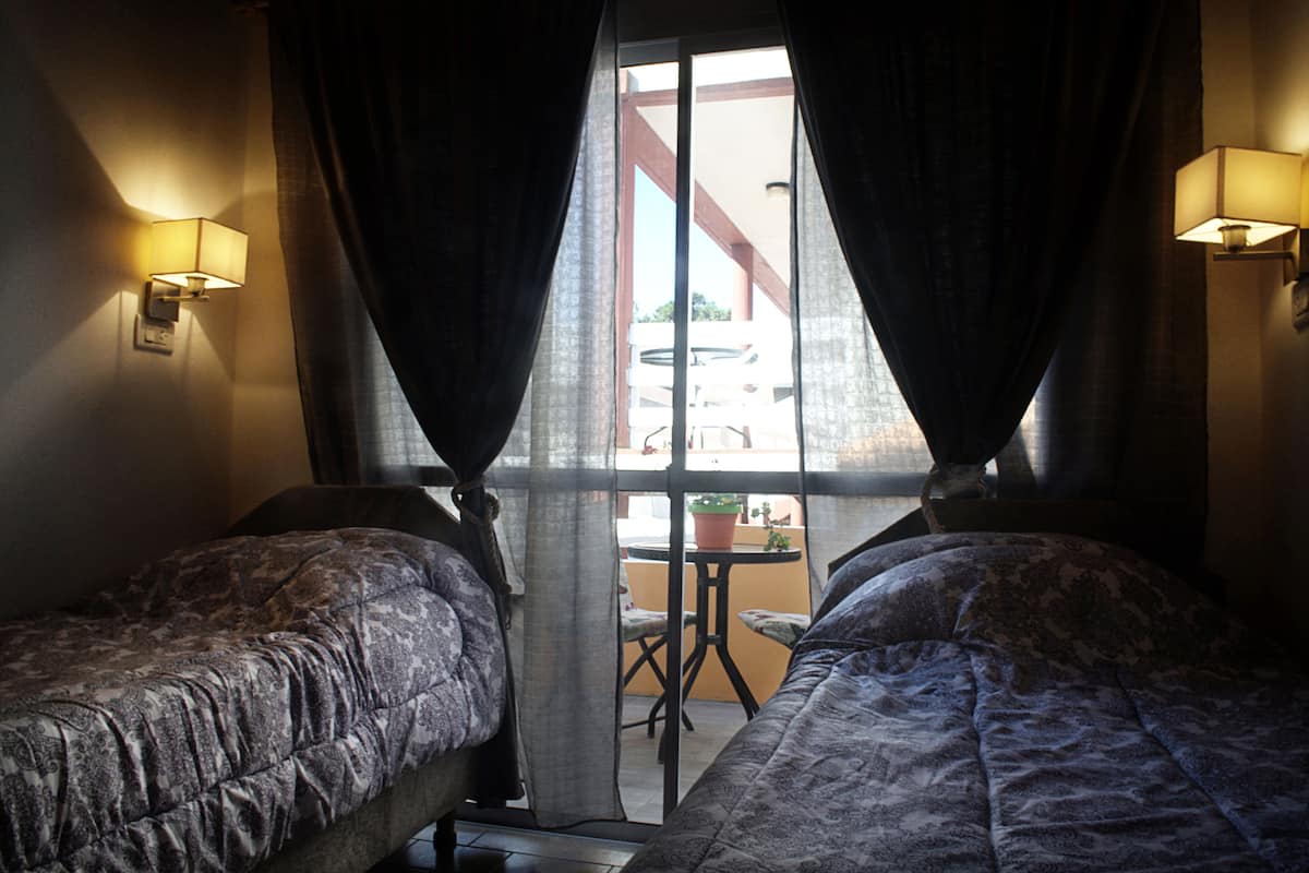 Una habitación con dos camas, una ventana con cortinas y una pequeña mesa con una planta en maceta.