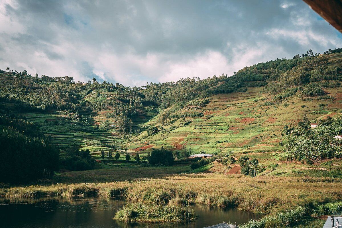 A panoramic view of a lush, terraced landscape with a body of water in the foreground, surrounded by dense greenery and hills.