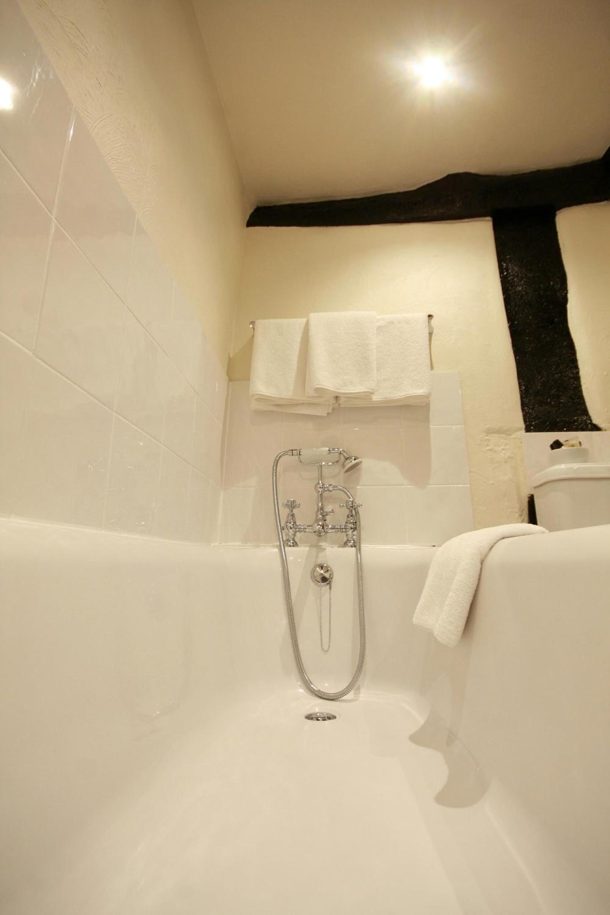 Een badkamer met een bad, douche en toilet.