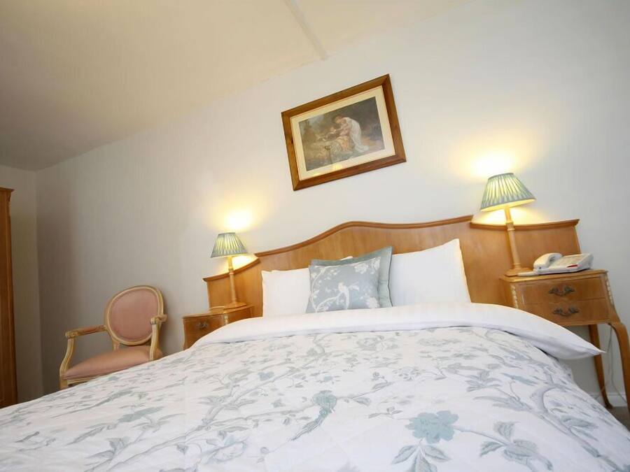 A neatly arranged bedroom with a large bed, two bedside lamps, a wooden nightstand, a chair, and a framed picture on the wall.