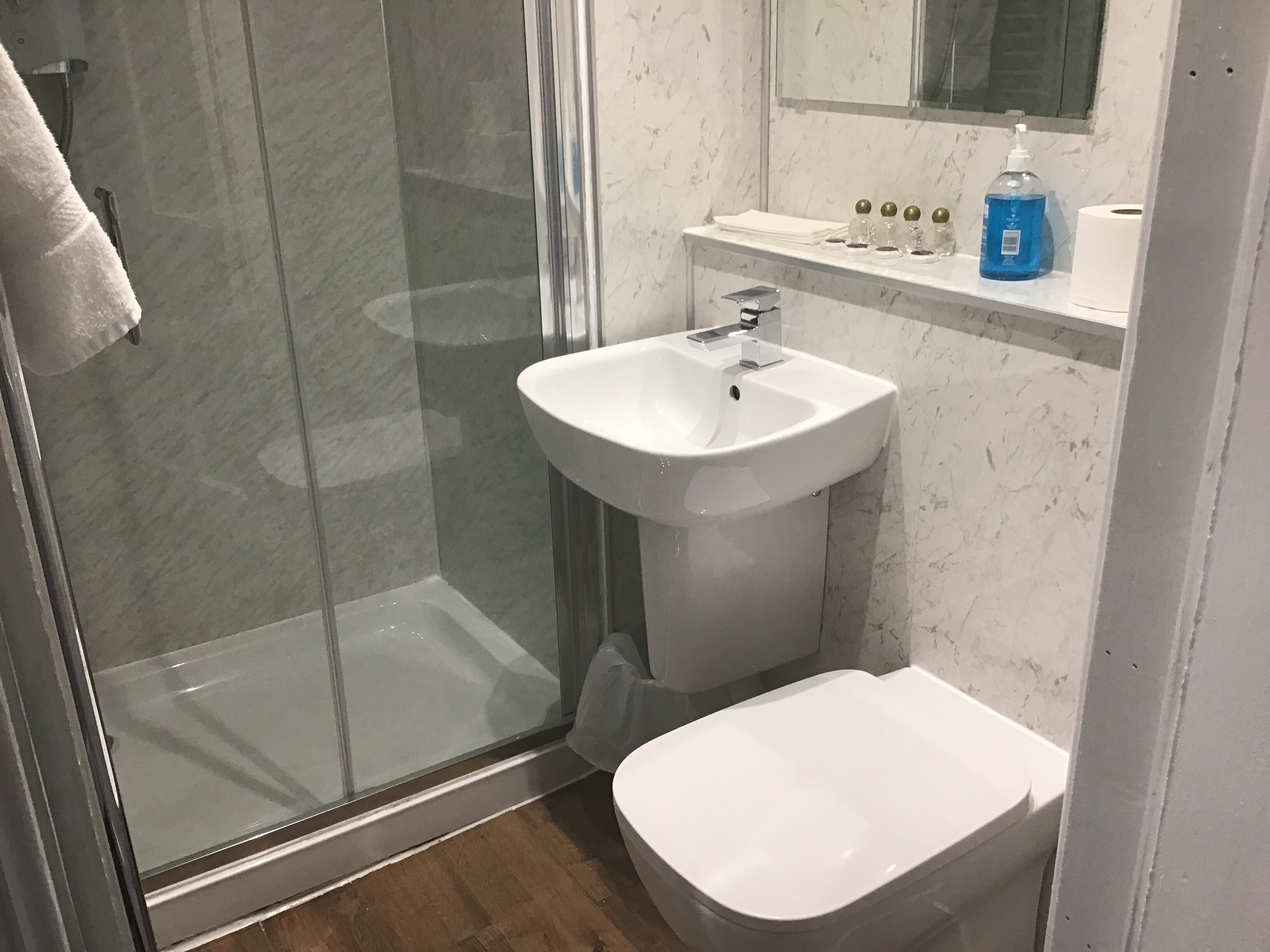 shower, free toiletries, hair dryer, towels