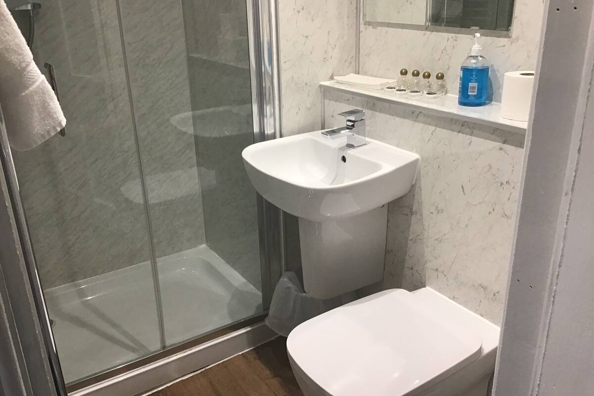 shower, free toiletries, hair dryer, towels
