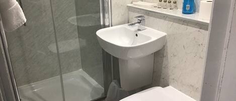 A bathroom with a glass shower enclosure, a white sink with a mirror above it, and a toilet.