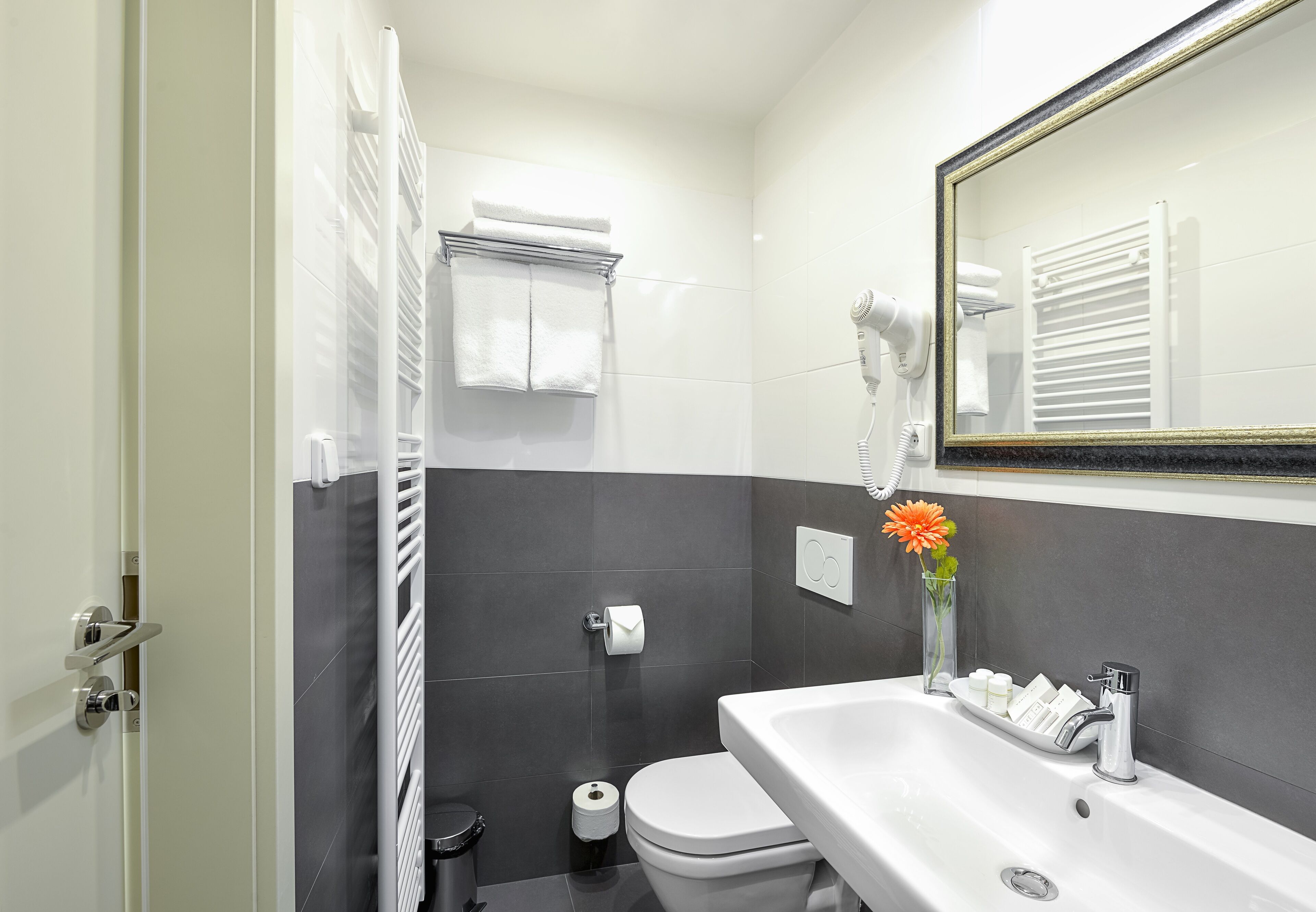 A modern bathroom with a white sink, a toilet, and a shower area.
