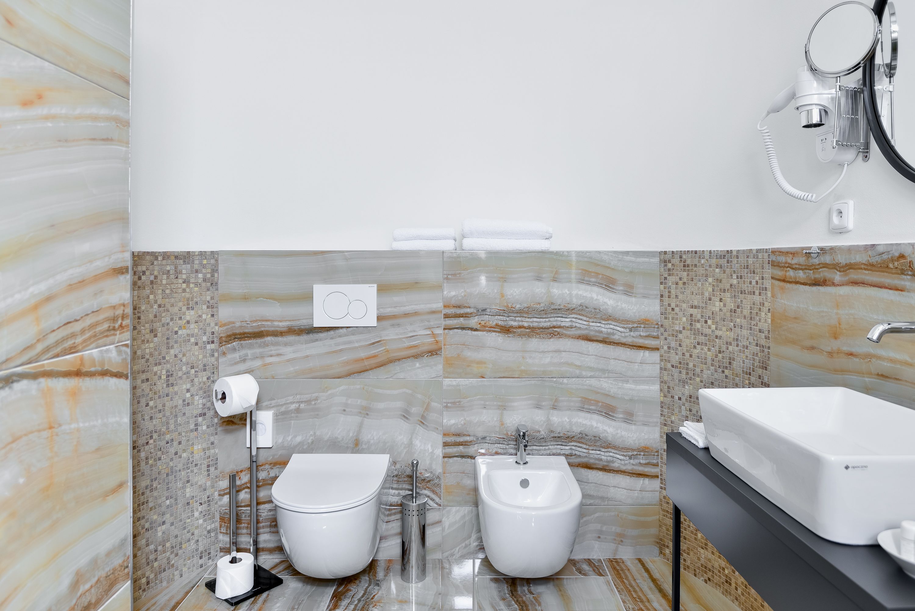 deluxe double room | bathroom | shower, designer toiletries, hair dryer, towels