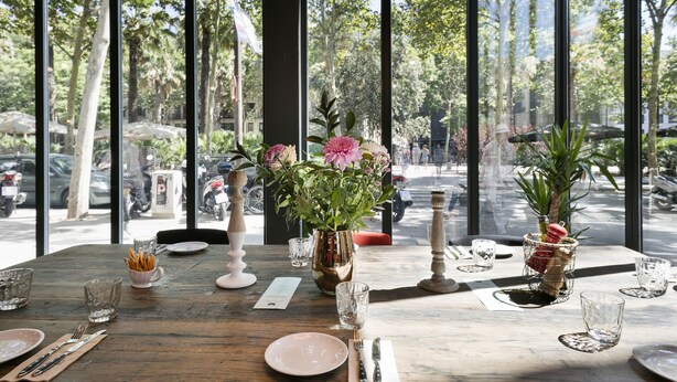 Una mesa de comedor dispuesta con platos, cubiertos y vasos, con un jarrón de flores y una planta en maceta sobre la mesa.