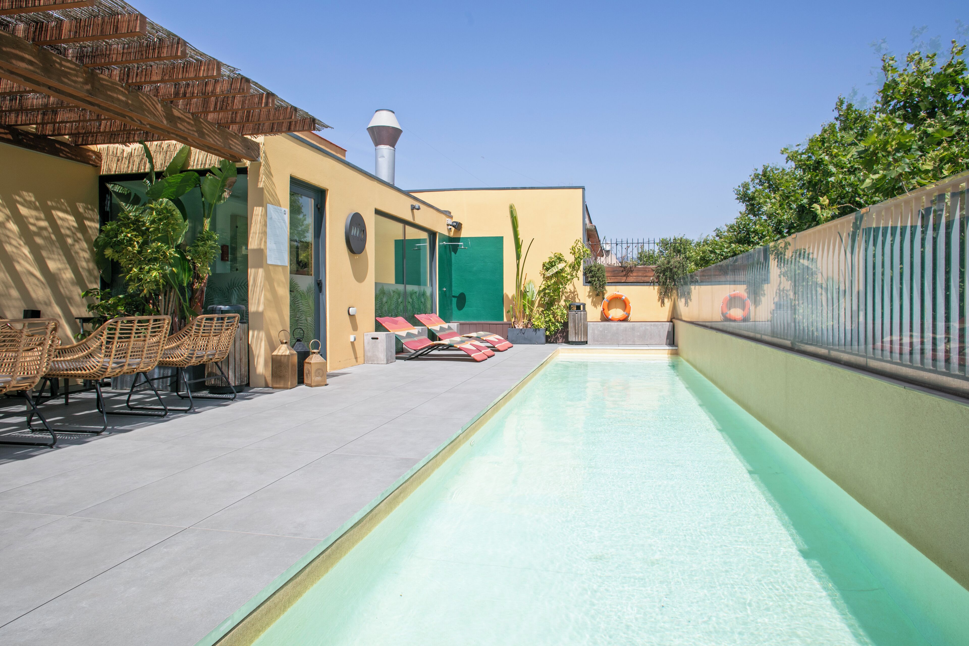 seasonal outdoor pool, pool umbrellas, pool loungers