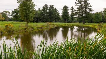 A serene pond surrounded by lush greenery and trees, with a golf course in the background.