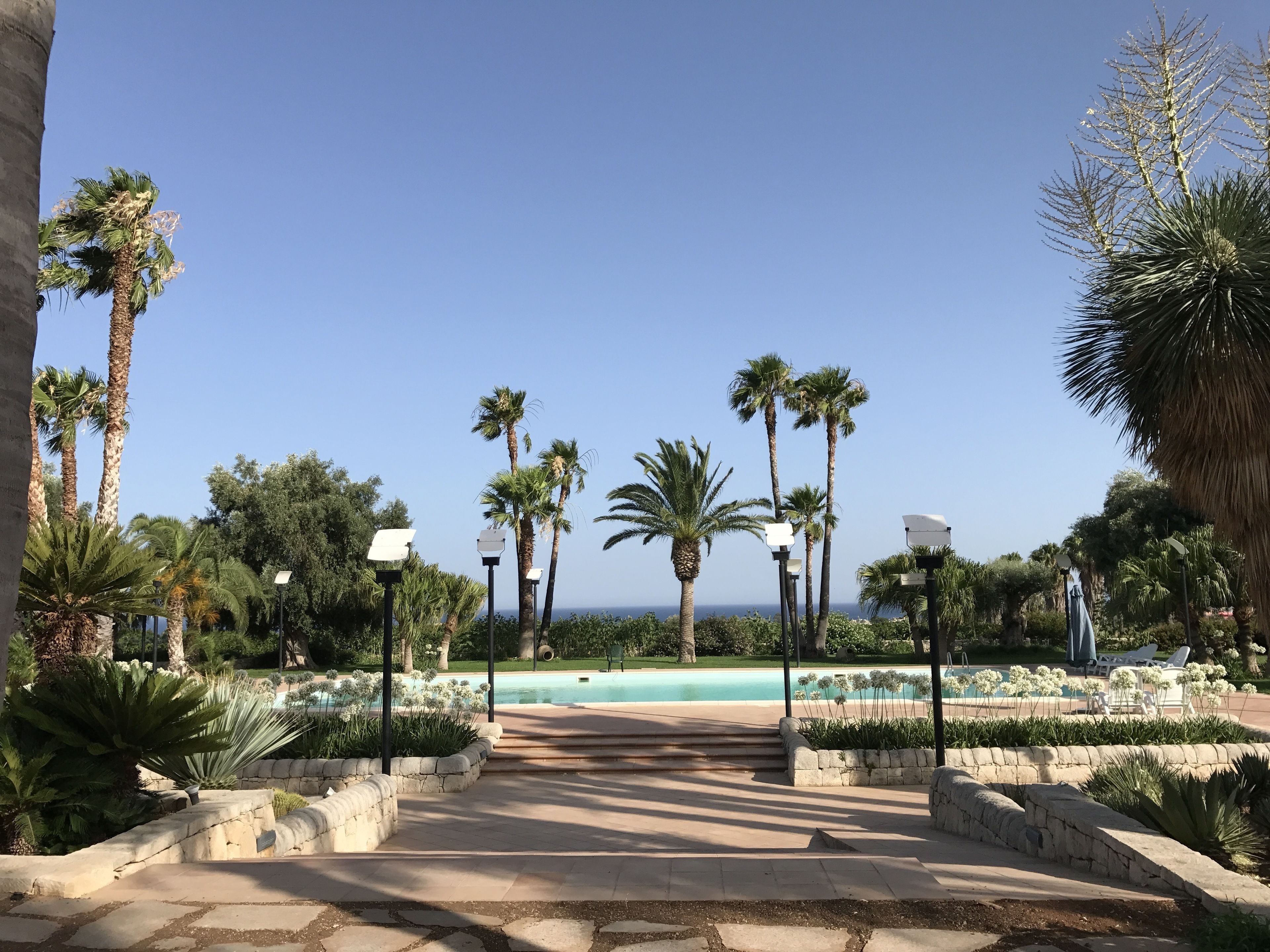 A pathway leading to a pool area with palm trees and outdoor lighting.