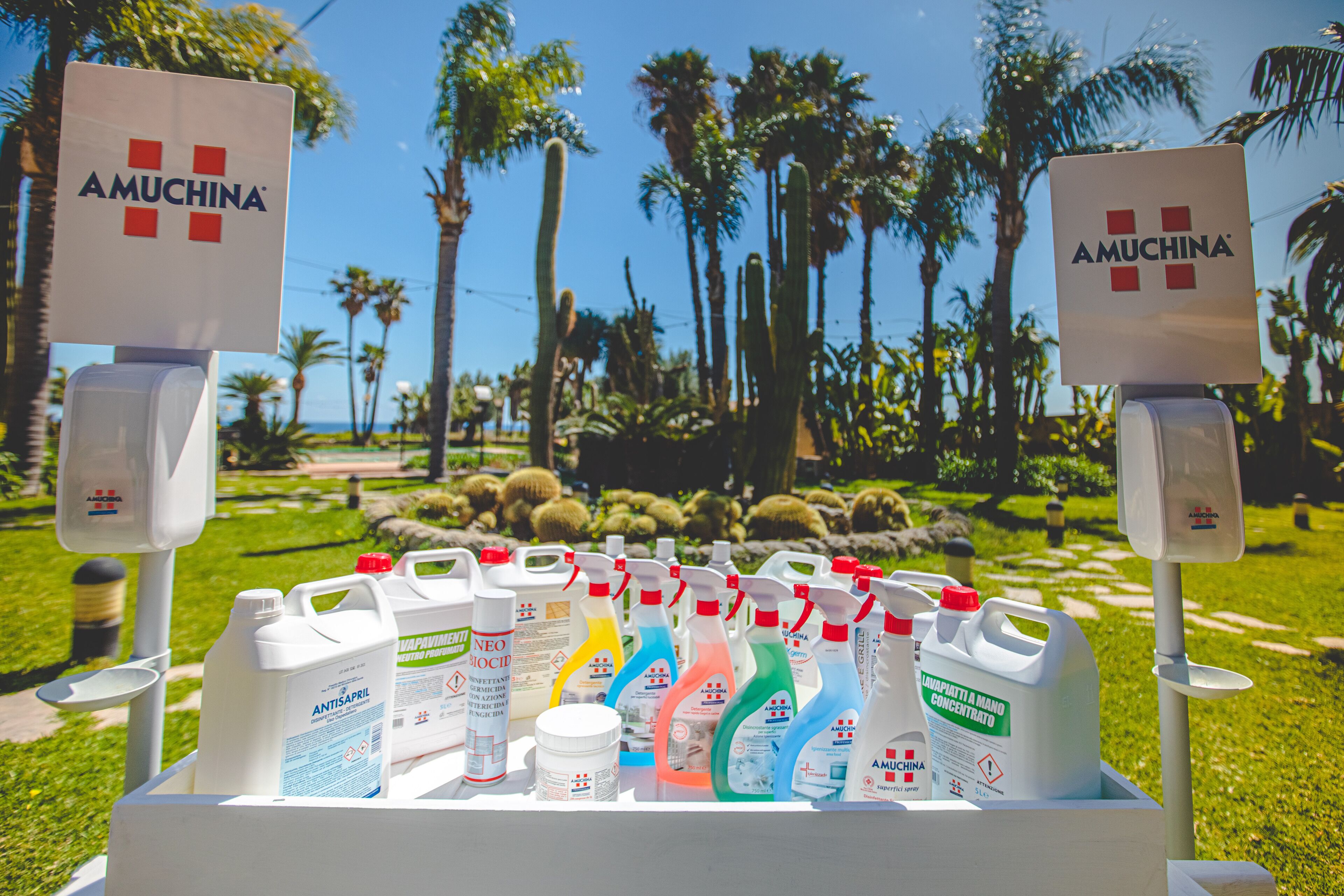 Exhibición de productos de limpieza Amuchina en un jardín con palmeras y cielo despejado.