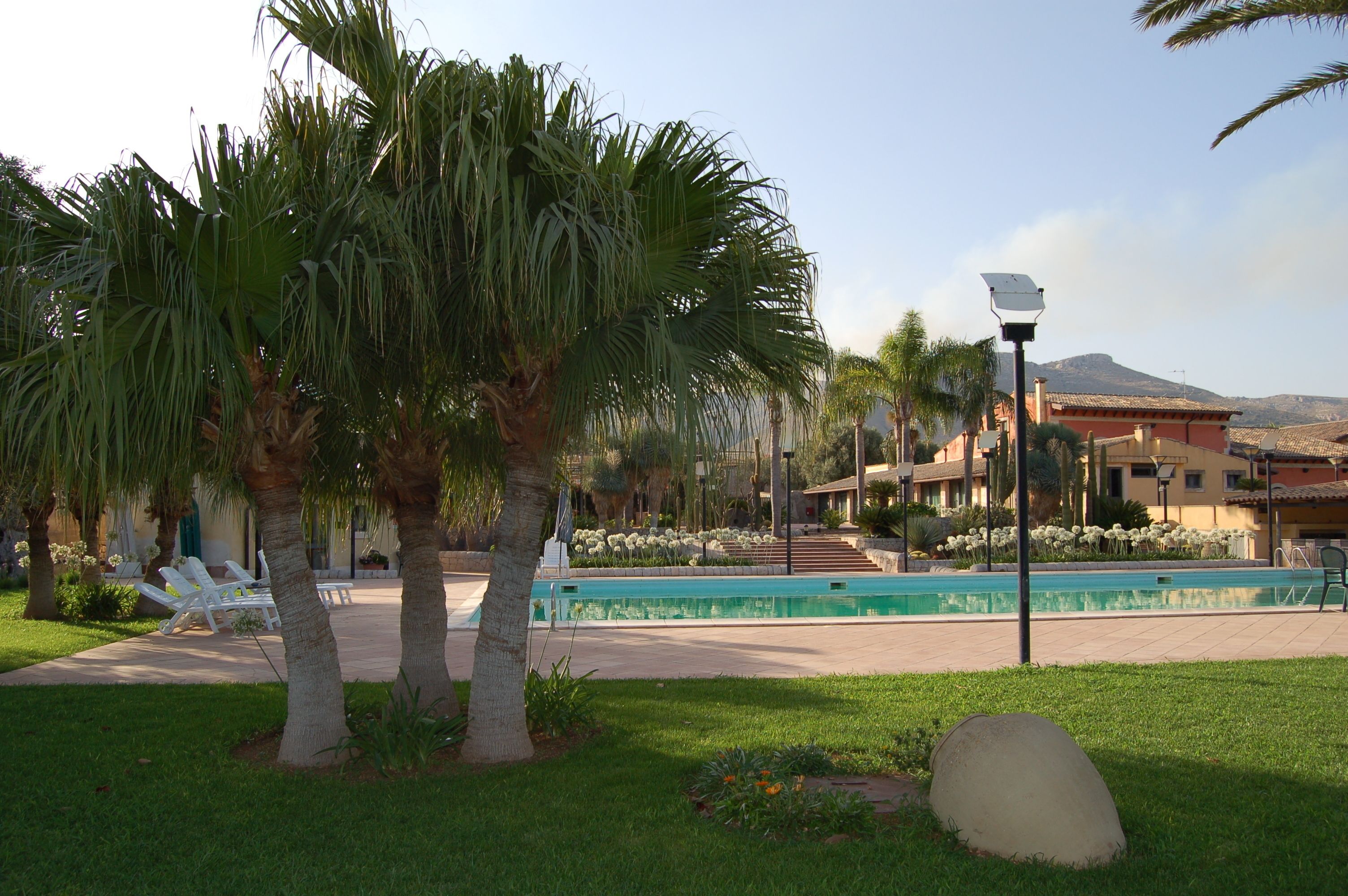 A pool area with palm trees, a clear sky, and a building in the background.