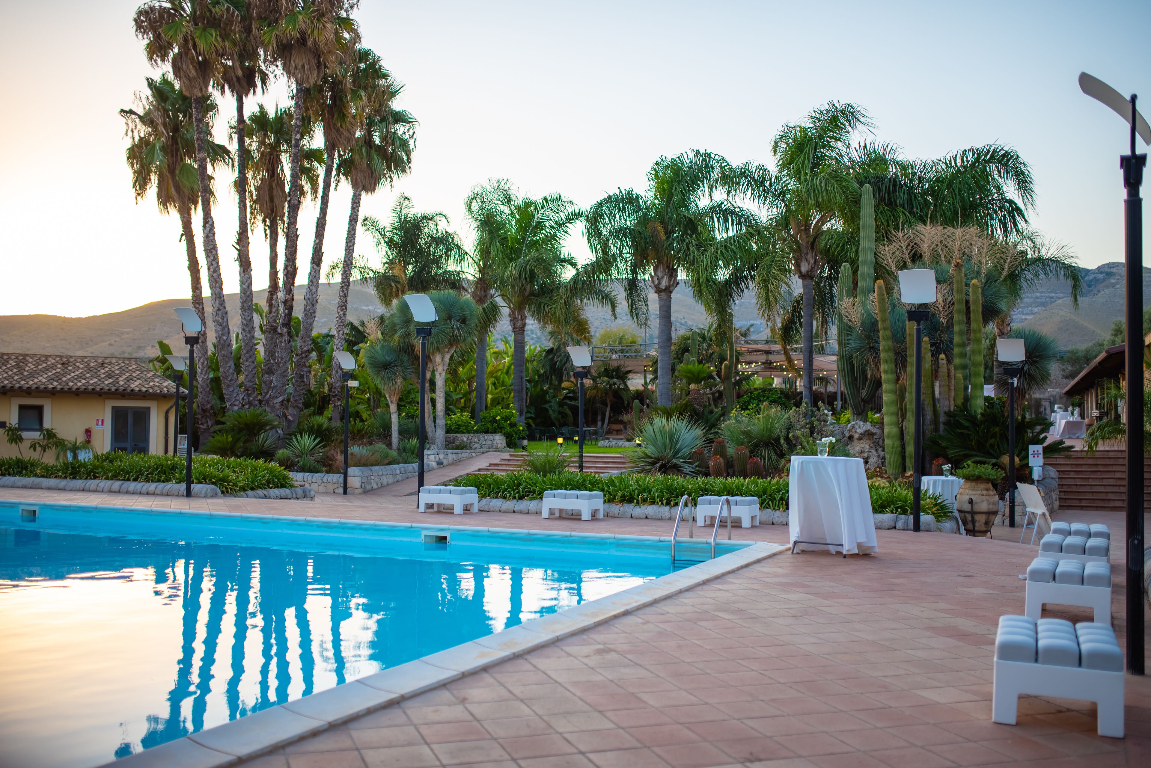 Area piscina con vista diretta sulla vasca, circondata da palme e un patio con mobili bianchi.