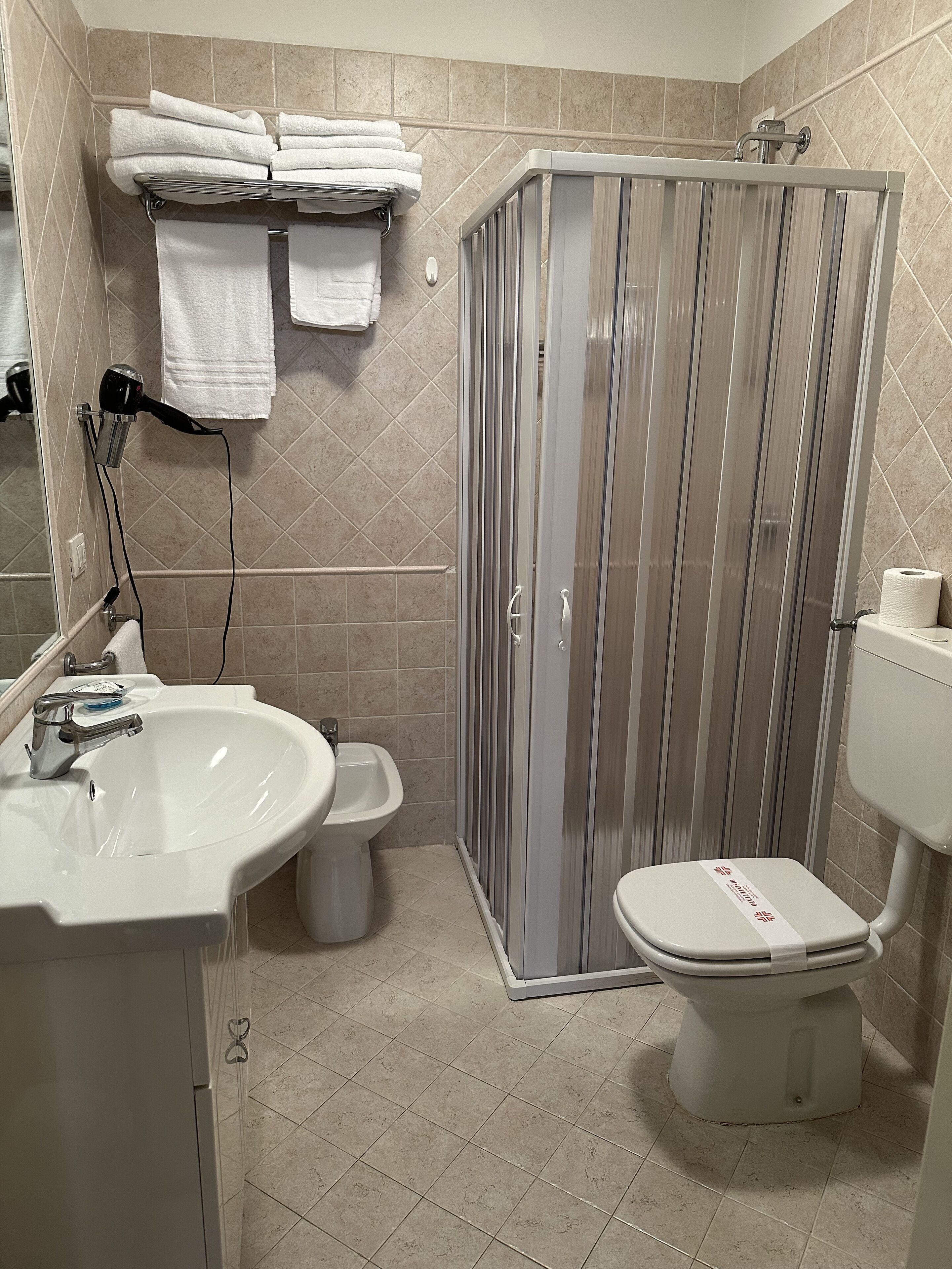 Badeværelse med brusebad, toilet, håndvask og håndklædestige.