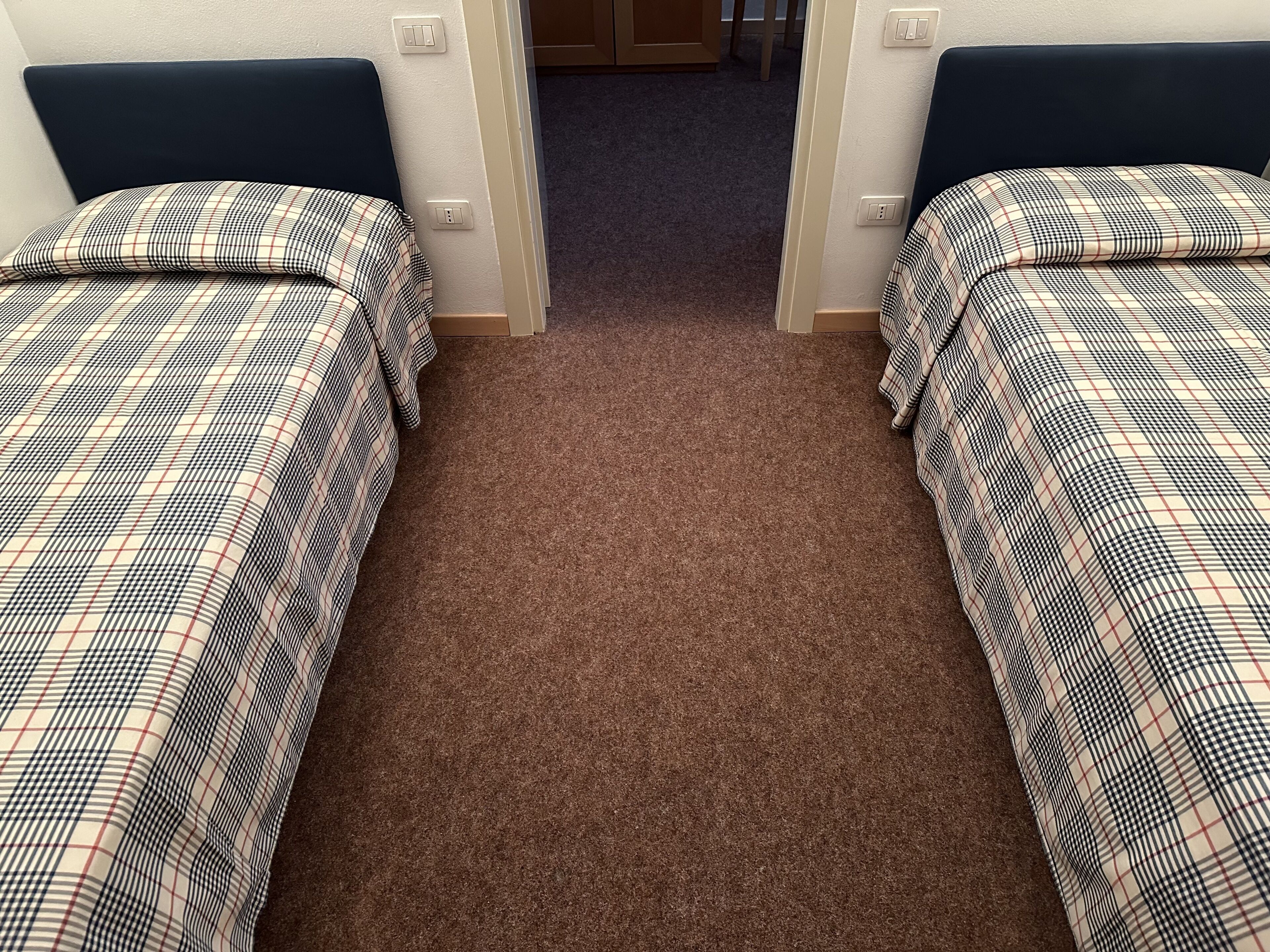 A room with two beds, each with a plaid bedspread, a dark headboard, and a carpeted floor.