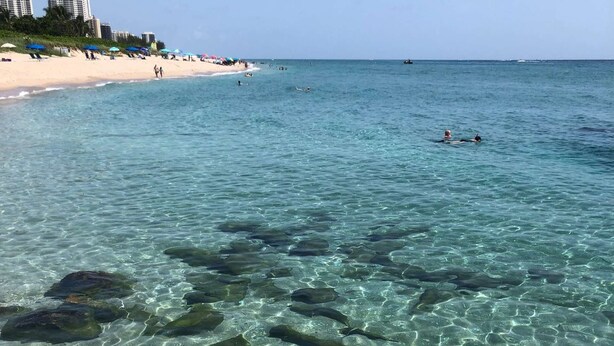 A beach with clear shallow water, rocks, and distant buildings. - Southwind by iTrip Palm Beach (Singer Island)