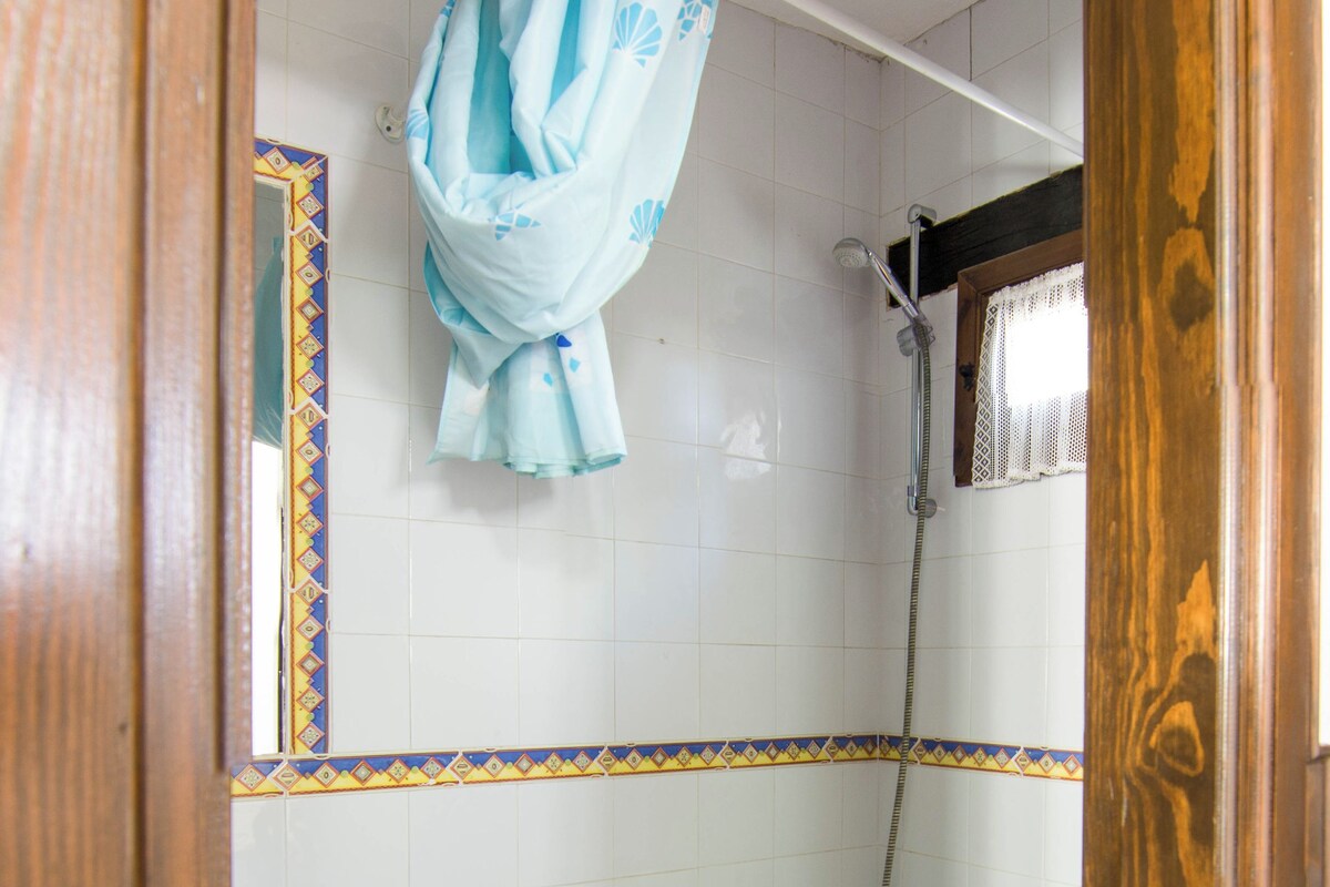 Uma casa de banho com banheira, sanita e chuveiro.