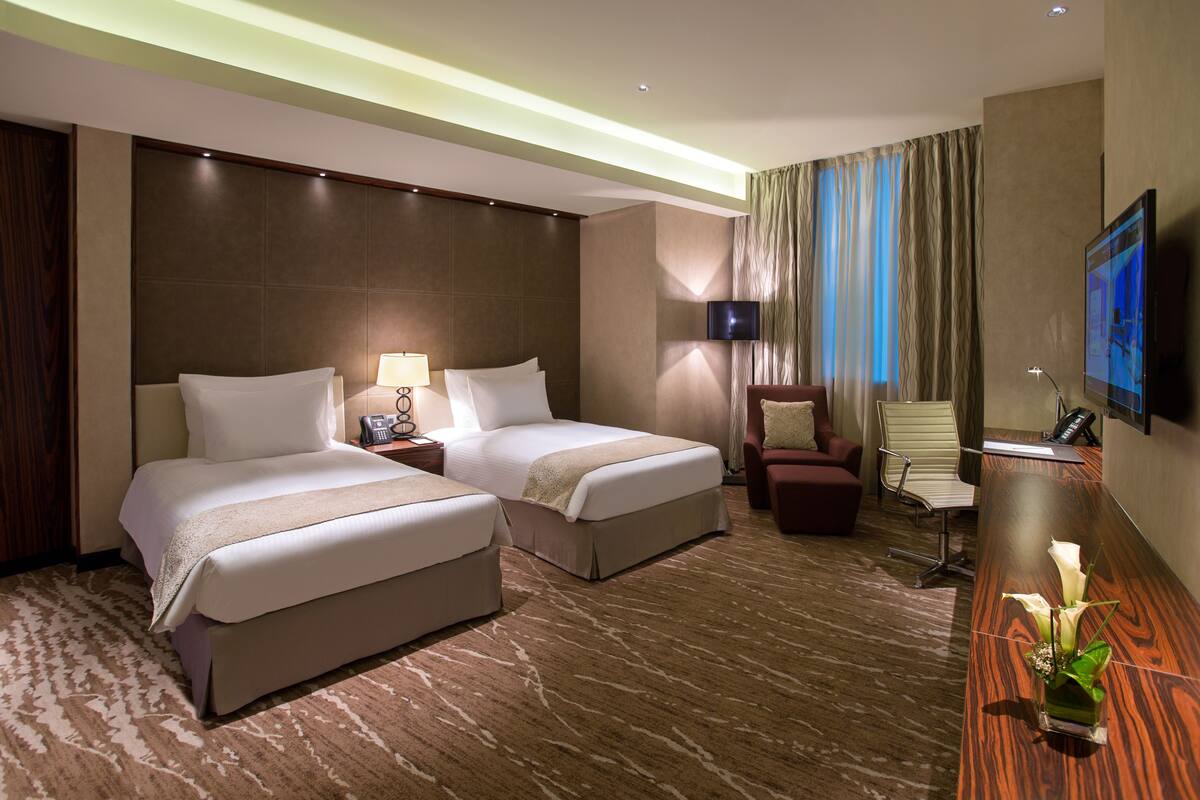 A hotel room with two beds, a desk, a chair, a TV, and a decorative plant.