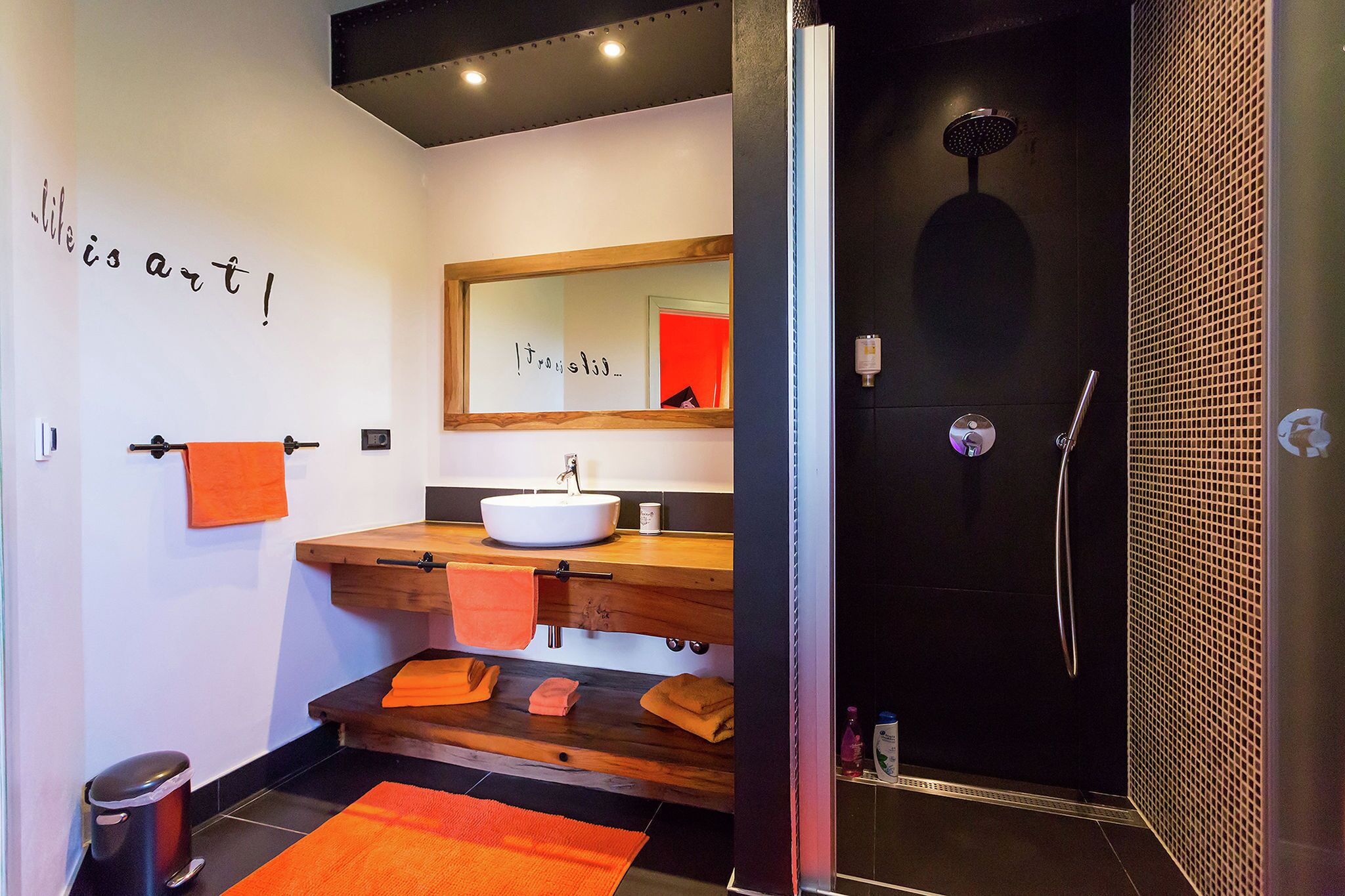Une salle de bain moderne avec un meuble-lavabo en bois, un lavabo blanc et une cabine de douche noire.