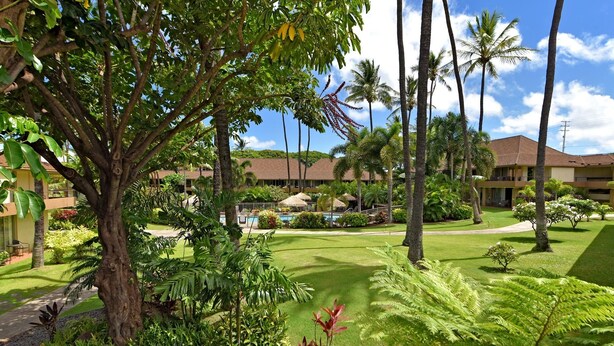 A tropical resort with a swimming pool, palm trees, and lush greenery. - Maui Kaanapali S #b233 1 Bedroom Condo by RedAwning (Lahaina)