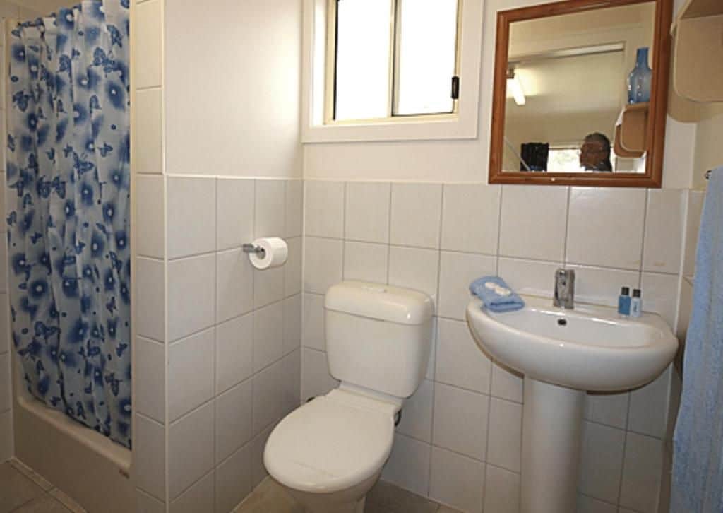 Un bagno con il water, un lavandino e una tenda per la doccia.