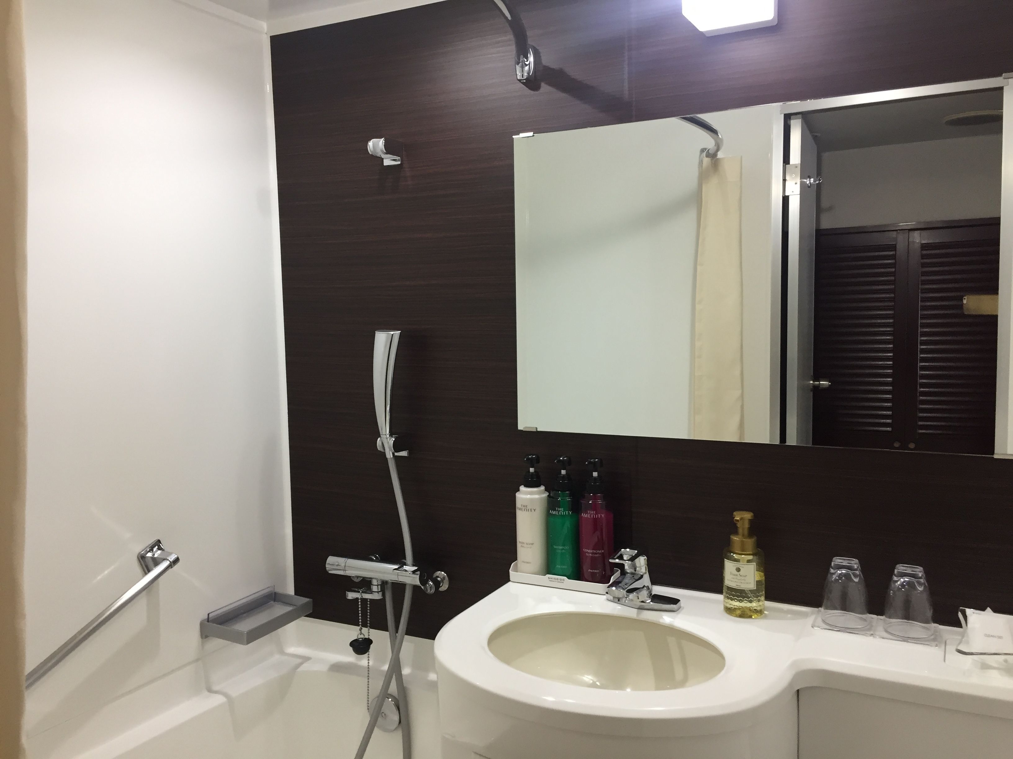 combined shower/bathtub, free toiletries, hair dryer, slippers