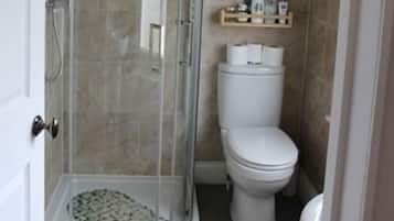 A bathroom with a glass shower enclosure, a toilet, and a small shelf with toiletries.