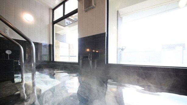 A steam room with a glass wall, a metal railing, and a tiled floor. - Tachikawa Urban Hotel Annex (Tachikawa)