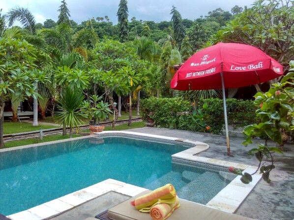 Outdoor pool, pool loungers