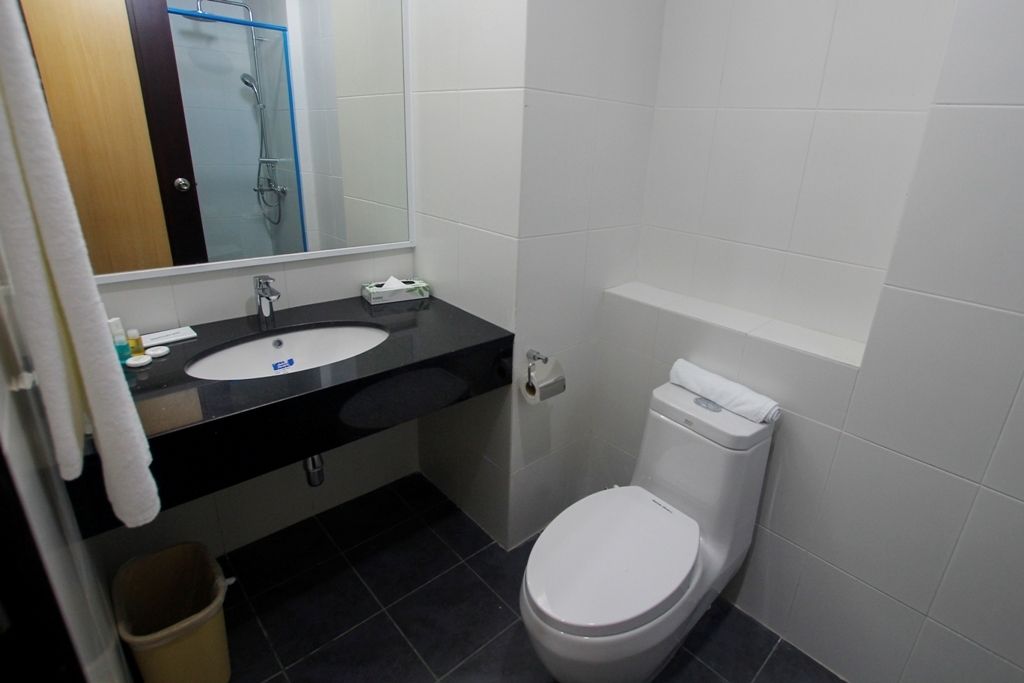 A bathroom with a white toilet, a black sink, and a mirror above the sink.