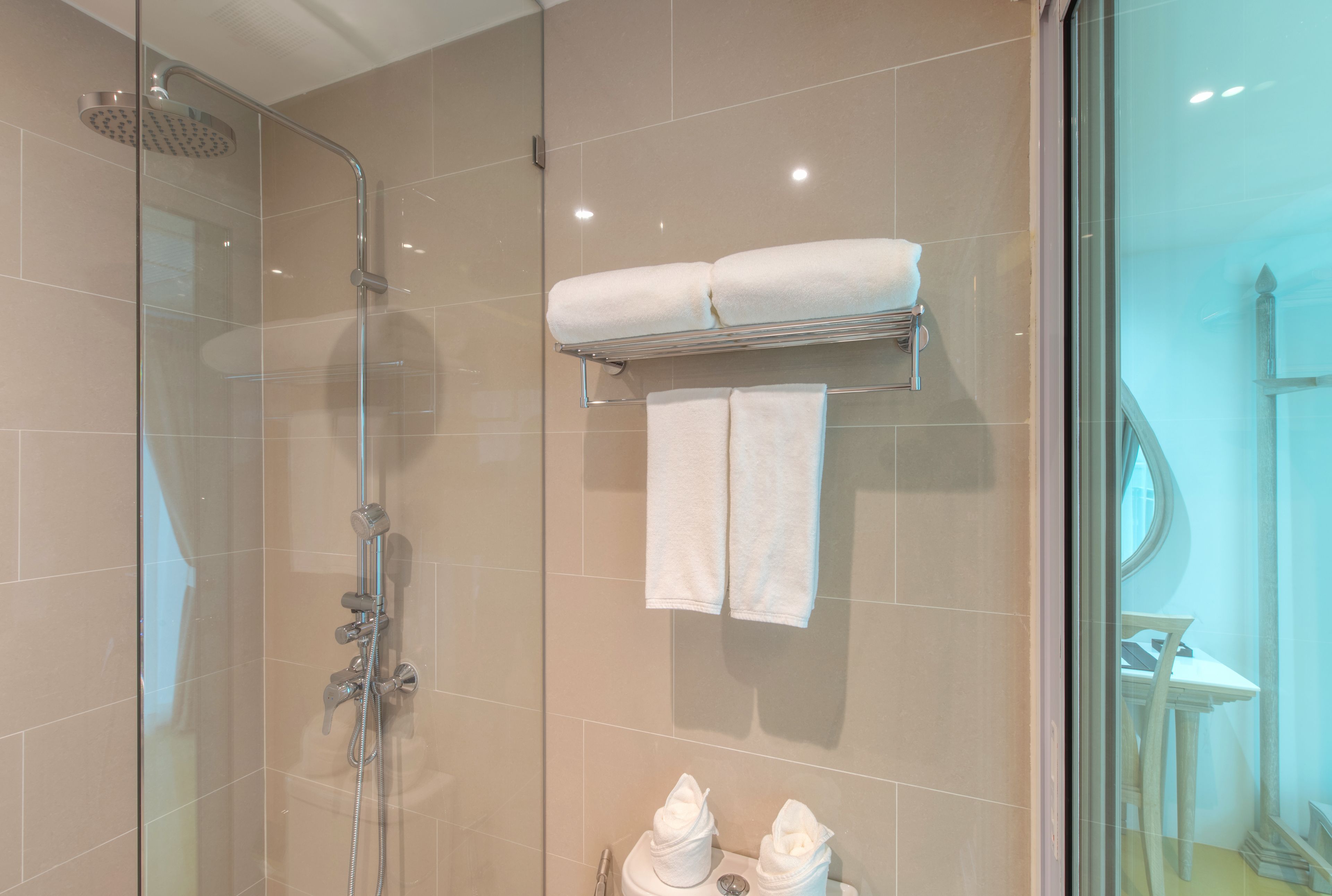 A modern bathroom with a glass-enclosed shower, a toilet with a towel holder, and a sink.
