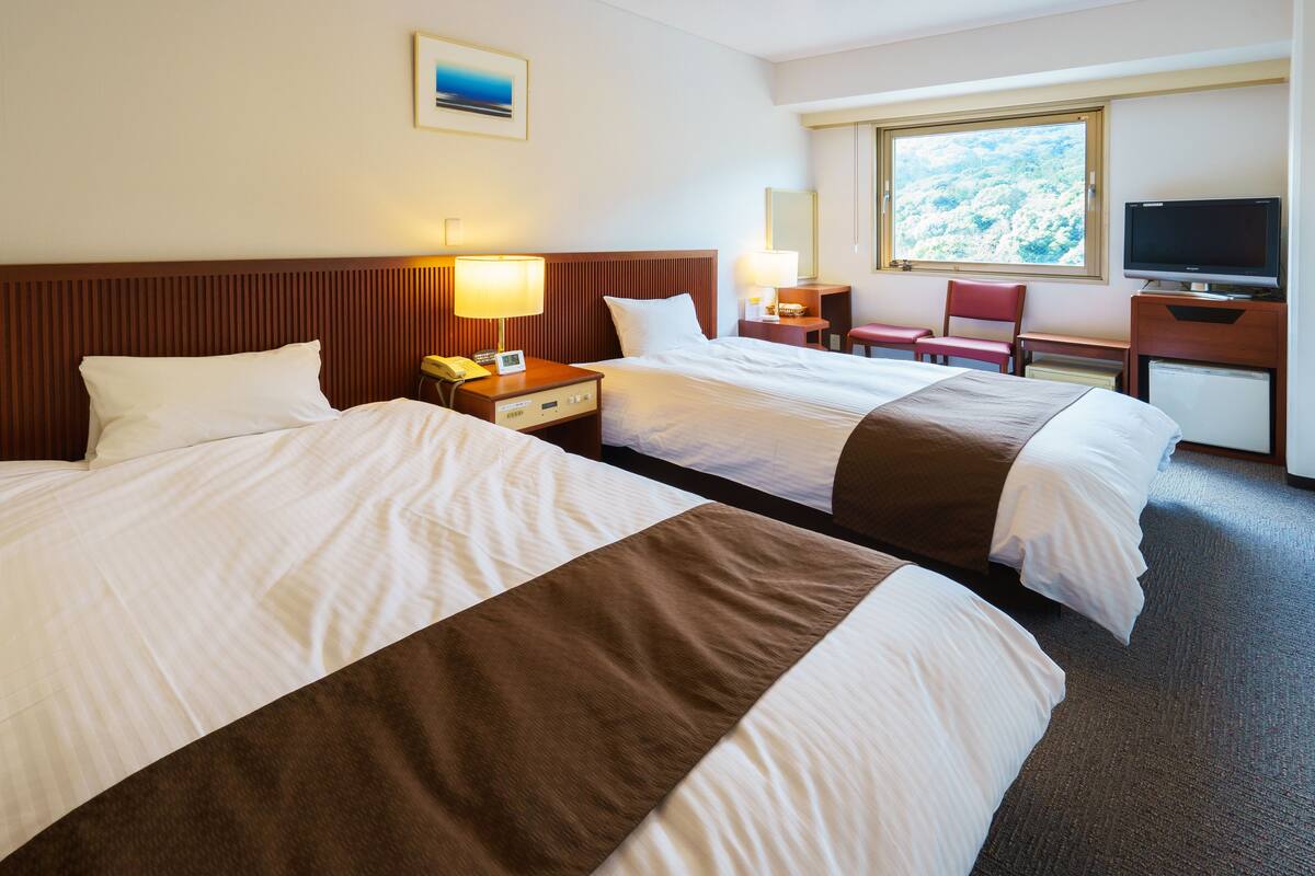 Ein Hotelzimmer mit zwei Betten, einem Schreibtisch, einem Sessel, einem Fernseher und einem Fenster mit Blick auf Bäume.