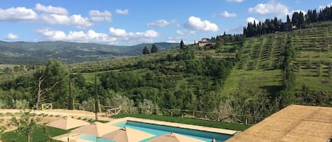 Piscine extérieure, parasols, chaises longues