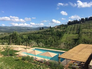Outdoor pool, pool umbrellas, sun loungers