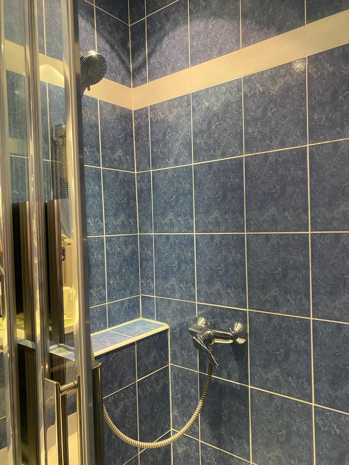 Zona de ducha con azulejos azul oscuro y puerta de vidrio.