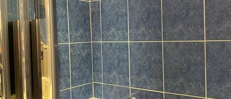 Zona de ducha con azulejos azul oscuro y puerta de vidrio.