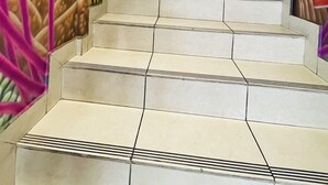 Un escalier orné d’une fresque murale bleue représentant des animaux et des plantes marins.