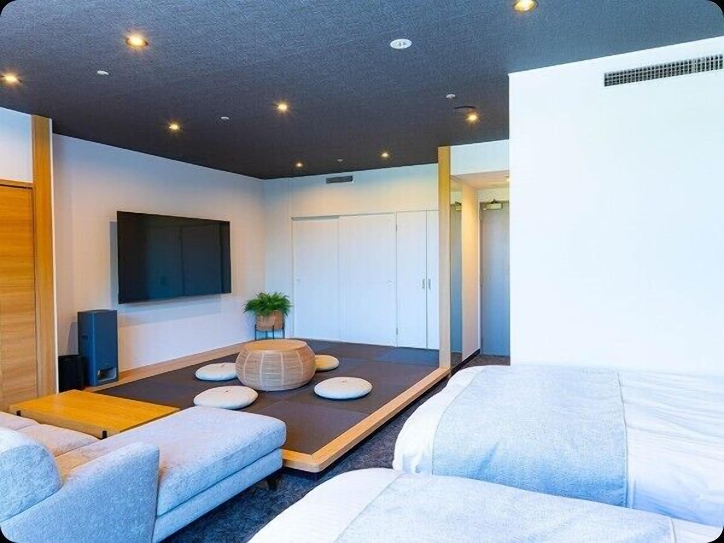 A modern room with a flat-screen TV, a seating area with cushions, a small plant, and a door.