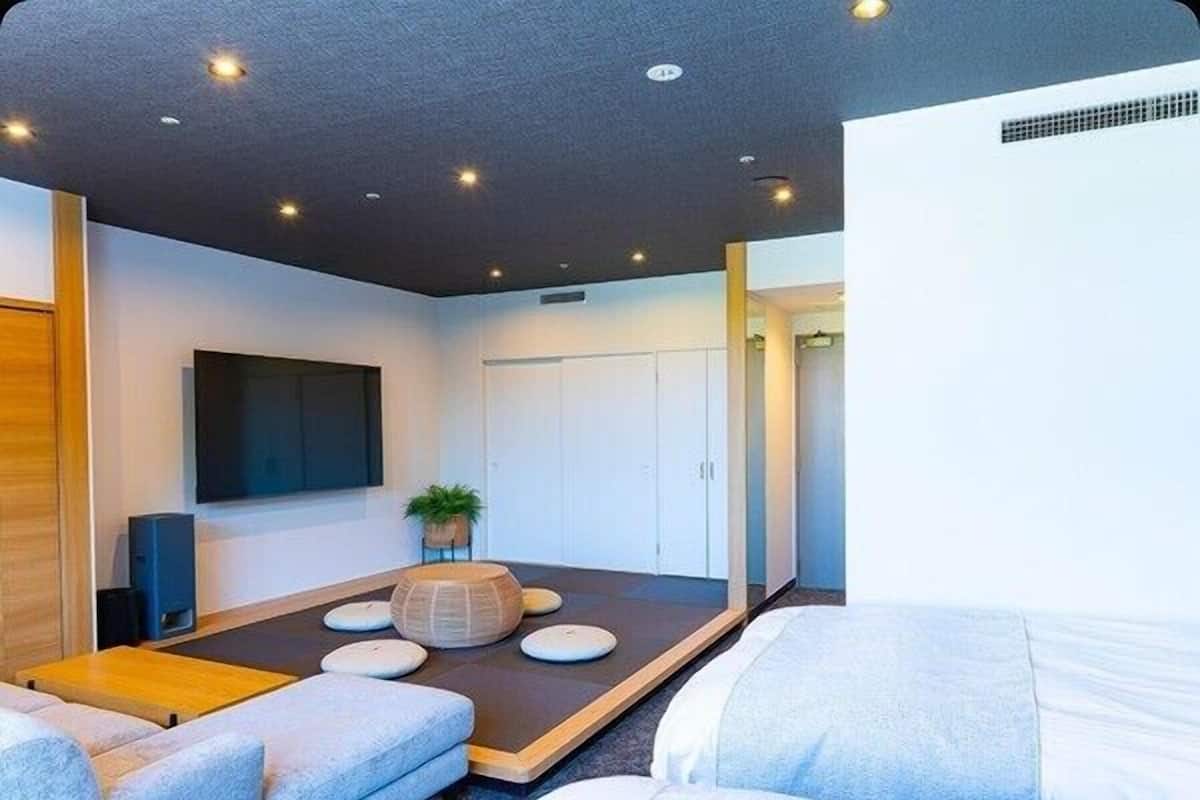 A modern room with a flat-screen TV, a seating area with cushions, a small plant, and a door.
