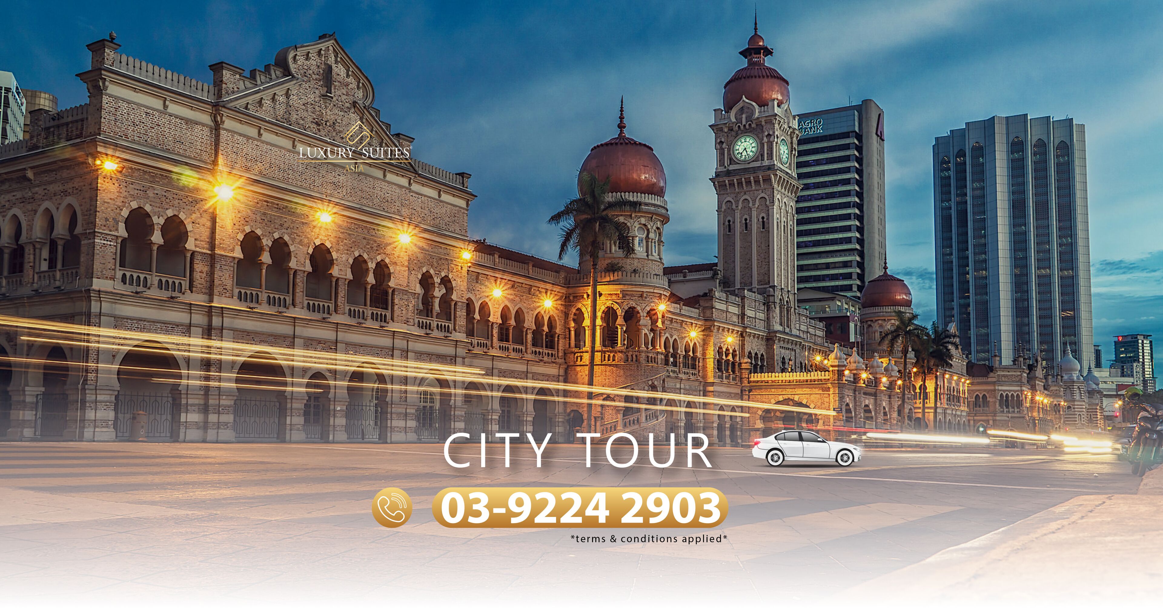 A city tour with a historic building, a clock tower, and modern skyscrapers.