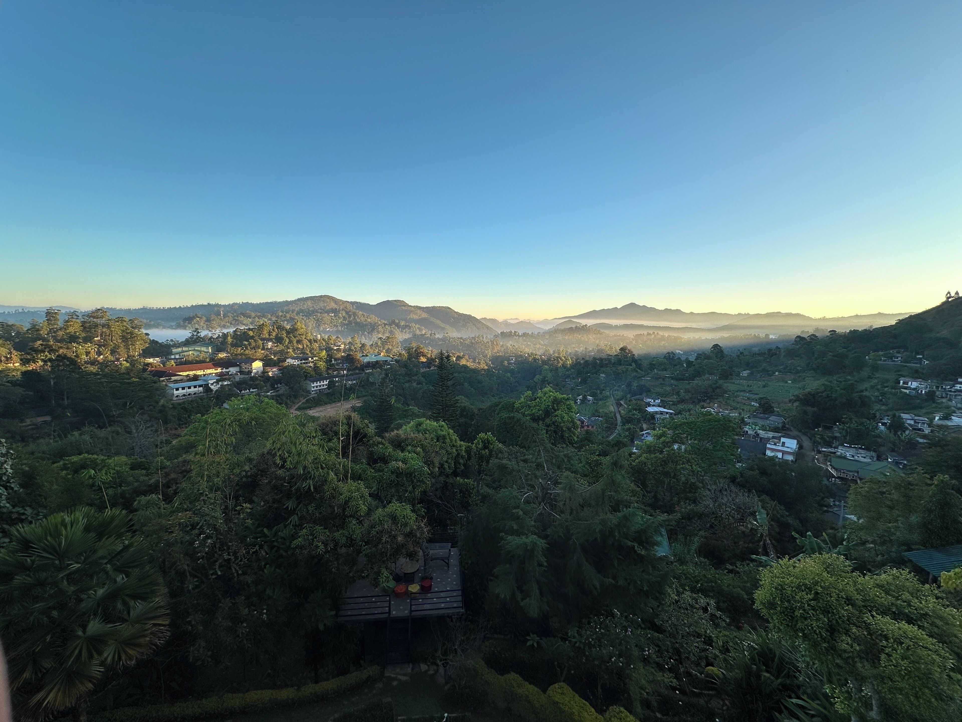 A panoramic view of a lush, green landscape with a small wooden structure in the foreground, surrounded by dense foliage.