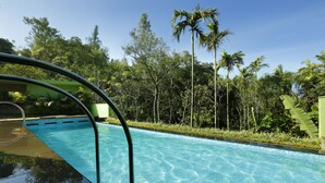 A swimming pool with clear blue water, surrounded by lush greenery and tall palm trees. - Spicegrove (Udumbanchola)