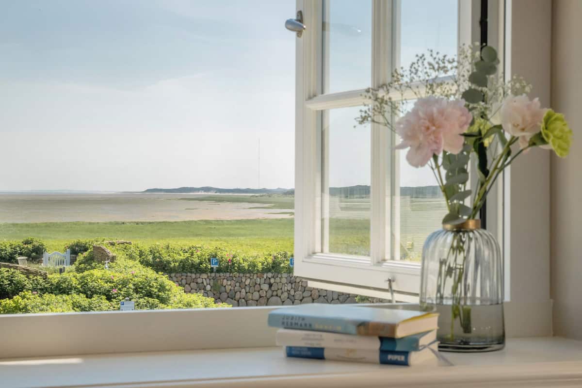 A window with a view of a grassy field and a body of water.