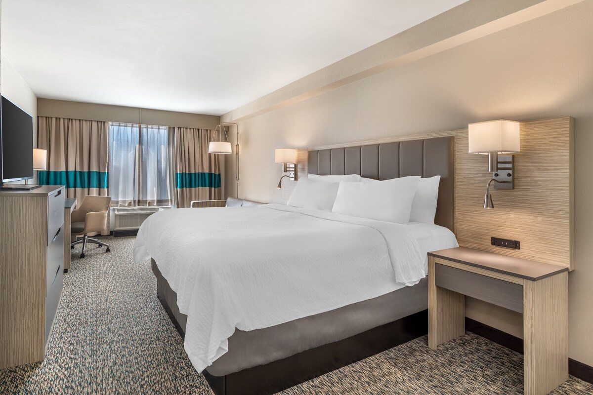 A hotel room with a large bed, a desk, a chair, and a television.