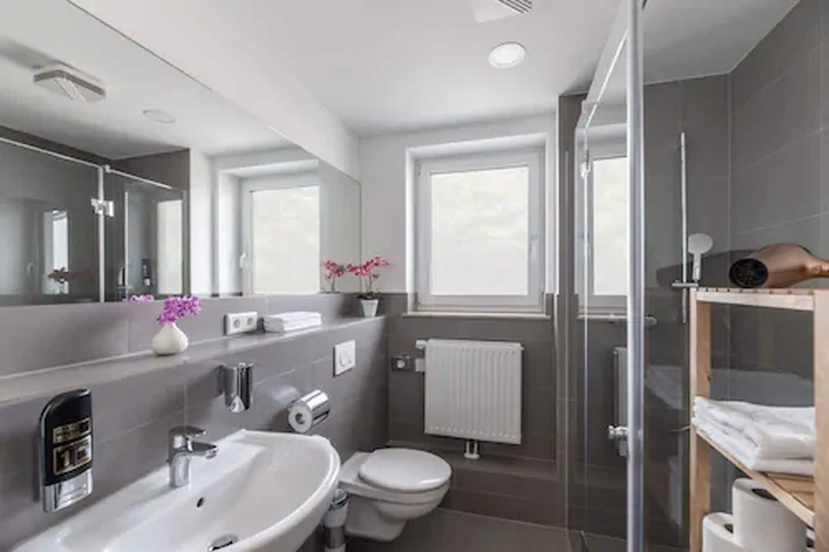 Dusche, kostenlose Toilettenartikel, Haartrockner, Handtücher